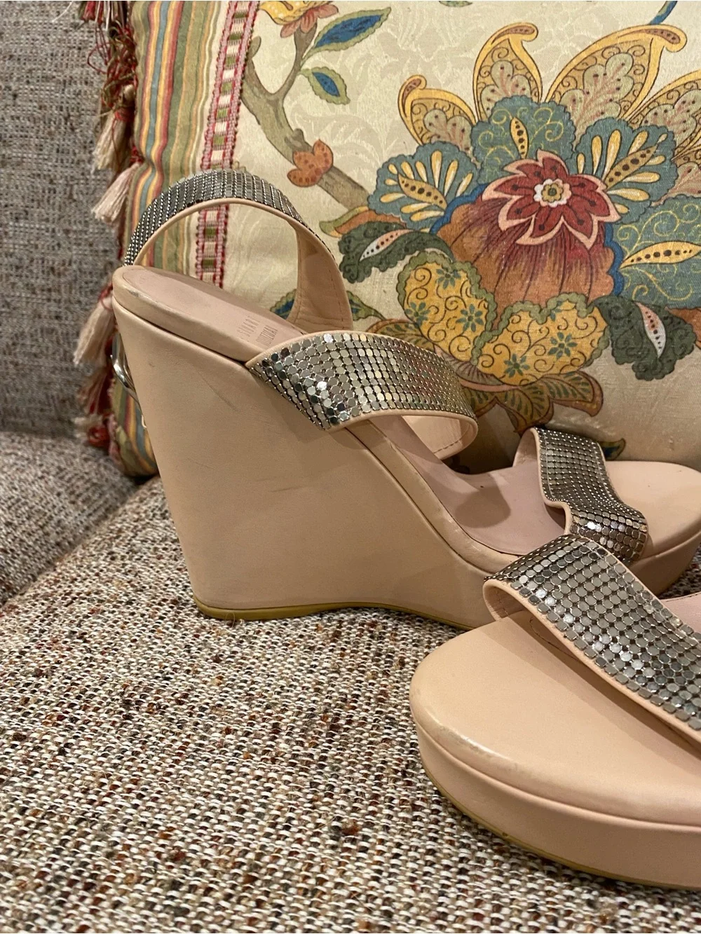 Stuart Weitzman Nude Platform Sandals with Silver Rhinestone Straps